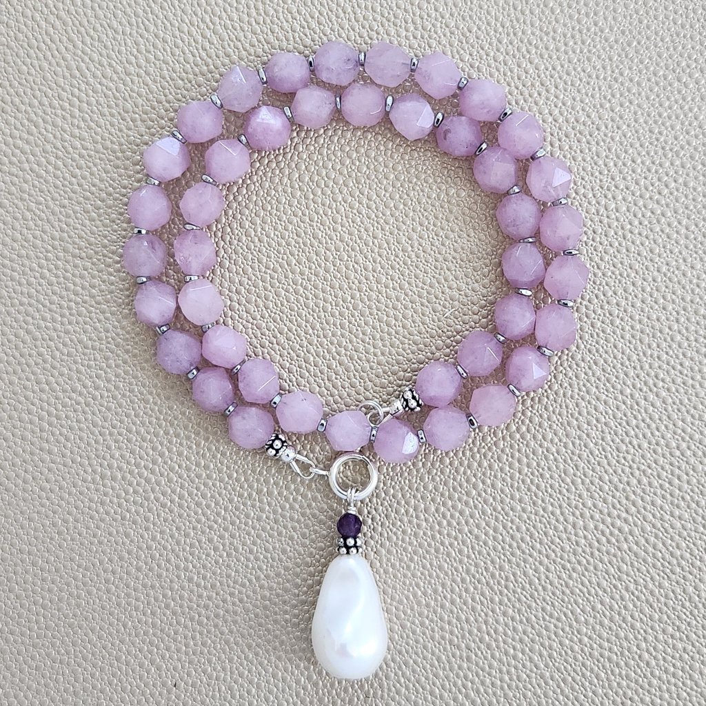 Star Cut Lavender Jade Necklace W Pearl Drop--16 96$